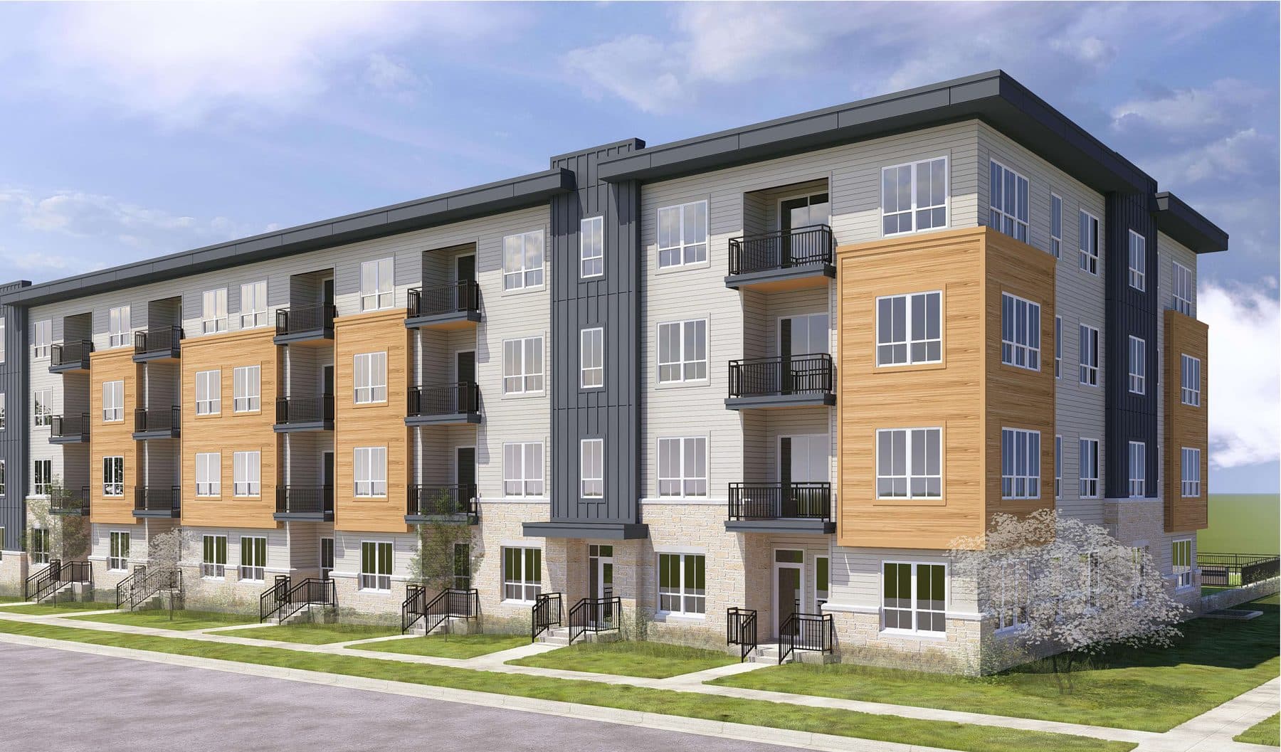 Concept rendering of The Violette from the sidewalk, showing the entry and streetscape